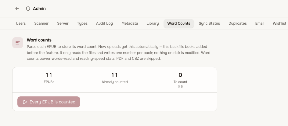 The Word Counts admin tab: EPUB totals, already-counted and pending counts, and the backfill control