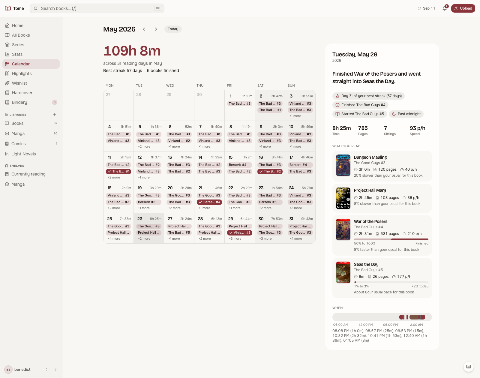 The Calendar page: a month grid with a chip per book read each day, the month's total hours above it, and a day card on the right