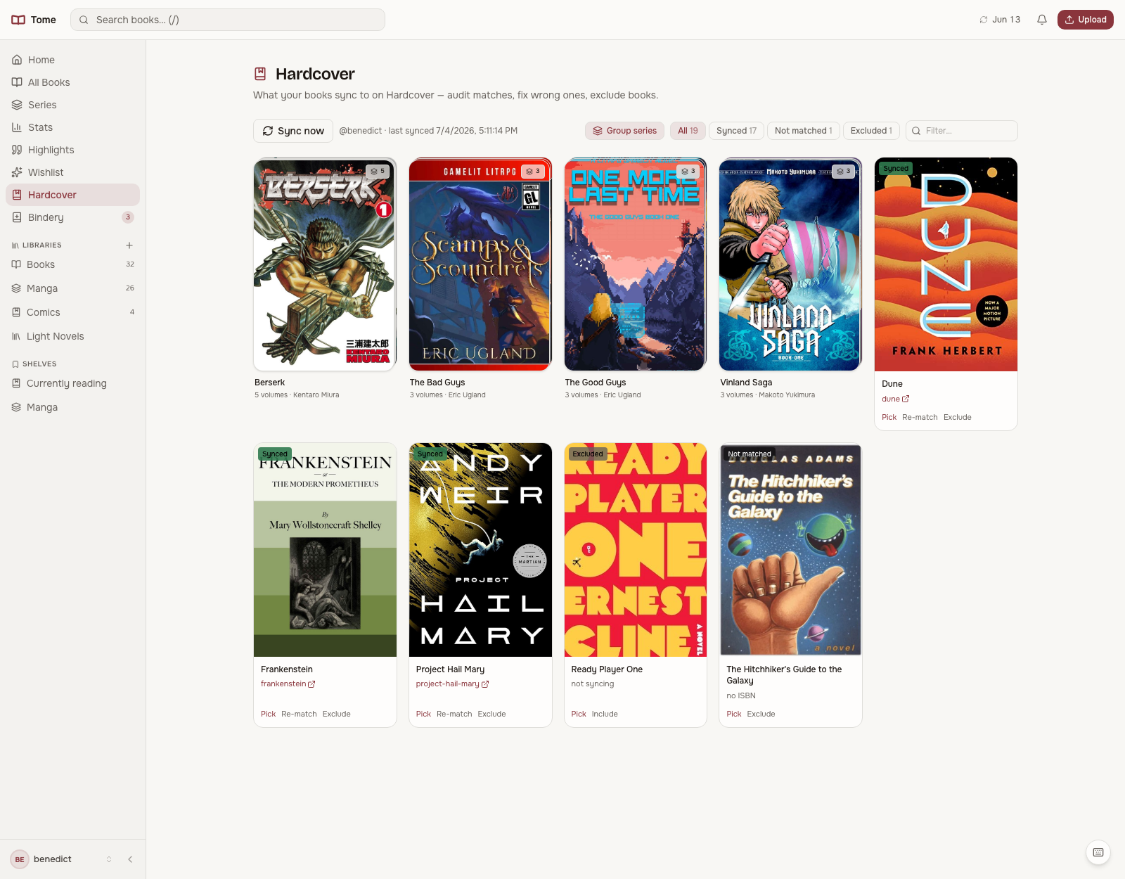 The Hardcover page with series grouped into stacks