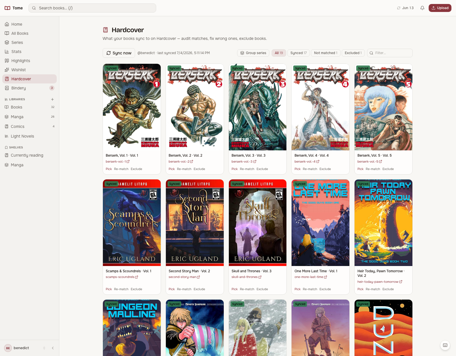 The Hardcover page: every sync candidate with cover, state badge, and per-book actions