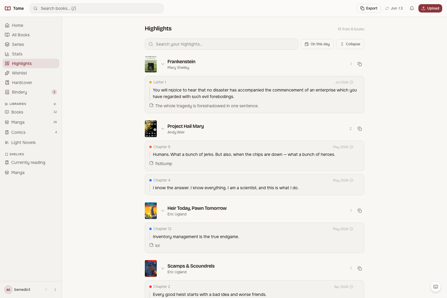 The Highlights page: highlights grouped by book as quote cards, with search and an 'on this day' section