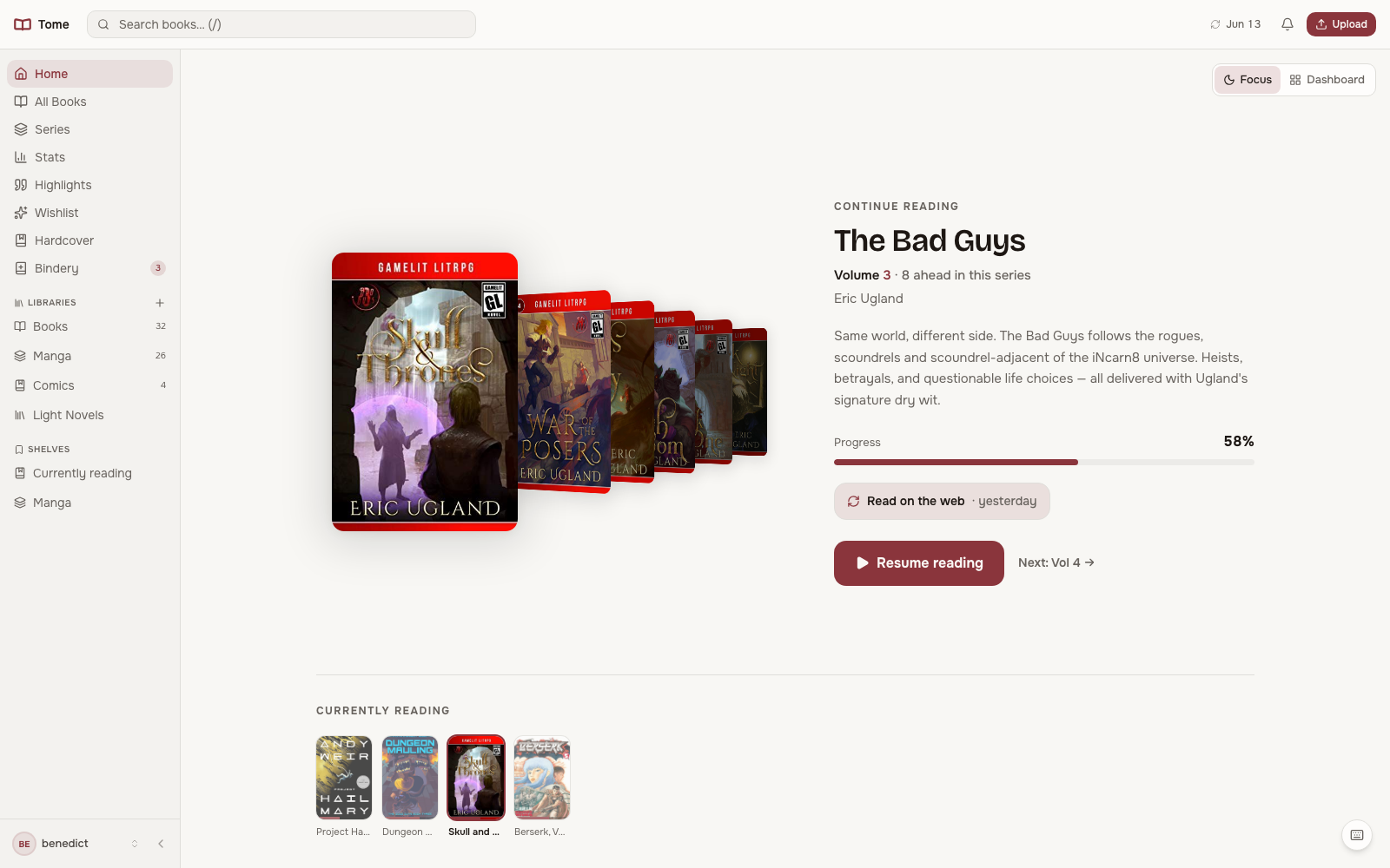 Focus mode: the spotlighted volume with the rest of the series fanned behind it, progress, and Resume reading
