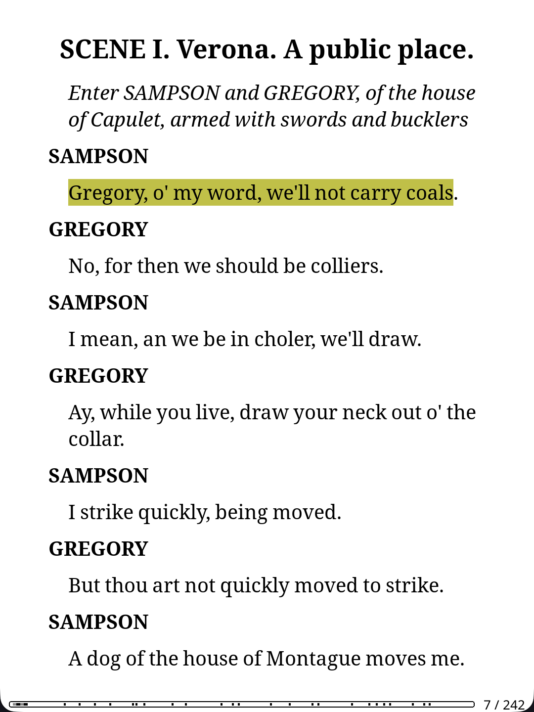A line highlighted in KOReader on the device
