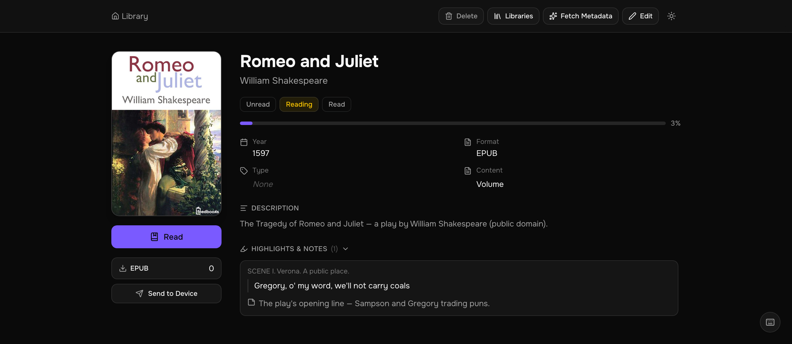 KOReader highlights and notes shown on a book's detail page in Tome