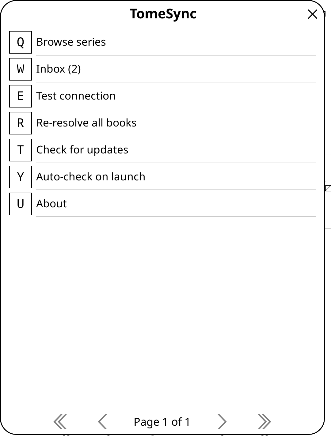 The TomeSync menu on the device showing an Inbox badge with a pending count