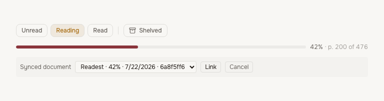 The Link KOReader sync picker on a book page, offering an unlinked Readest document