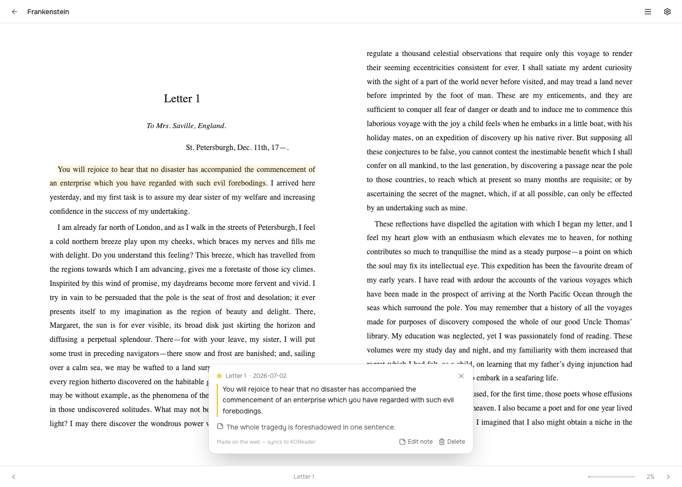 The tap card: passage, note, chapter and date, with edit-note and delete actions