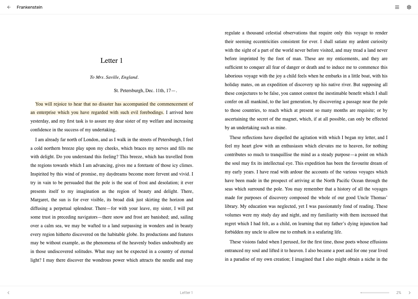 A synced highlight painted over the opening of Frankenstein in the web reader