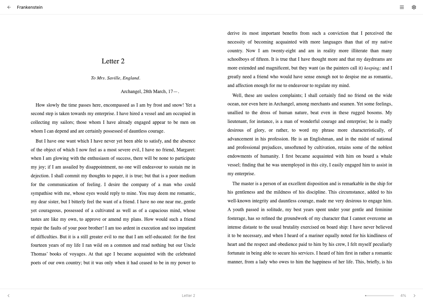 EPUB reader rendering Frankenstein