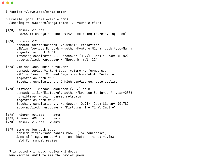 Sample /scribe ingest terminal output