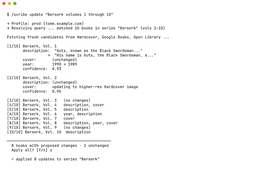 Sample /scribe update terminal output
