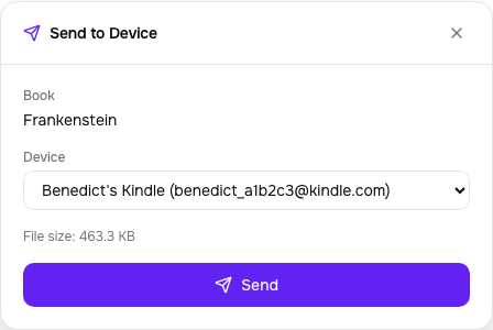 Send to device dialog on a book