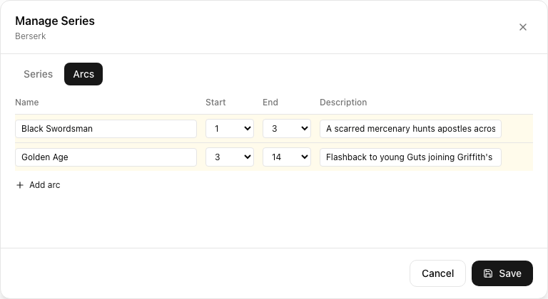Manage Series modal — Arcs tab