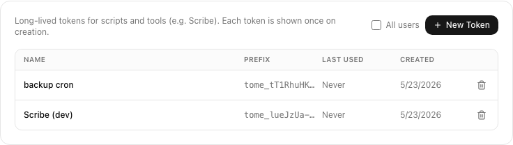 API tokens section in Settings