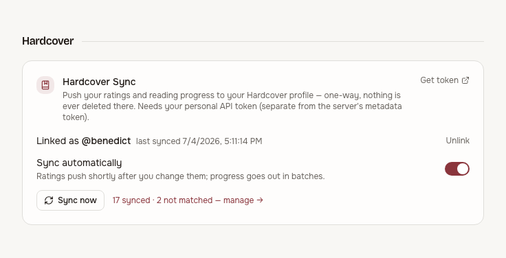 Settings → Hardcover: linked account, automatic sync toggle, and sync counts