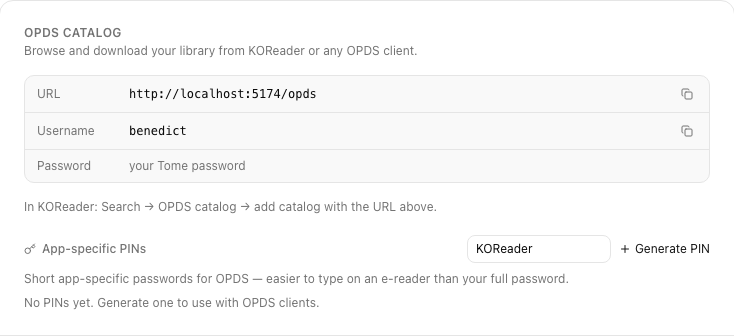 OPDS catalog section in Settings