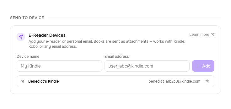 Adding an e-reader device in Settings