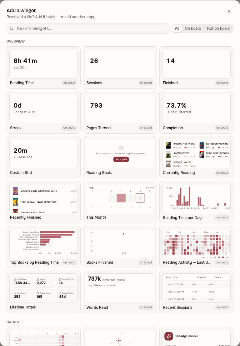 The add-widget gallery: live previews of all 50 widgets, with search and on-board filters