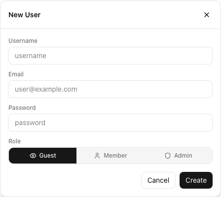 New user modal with role dropdown